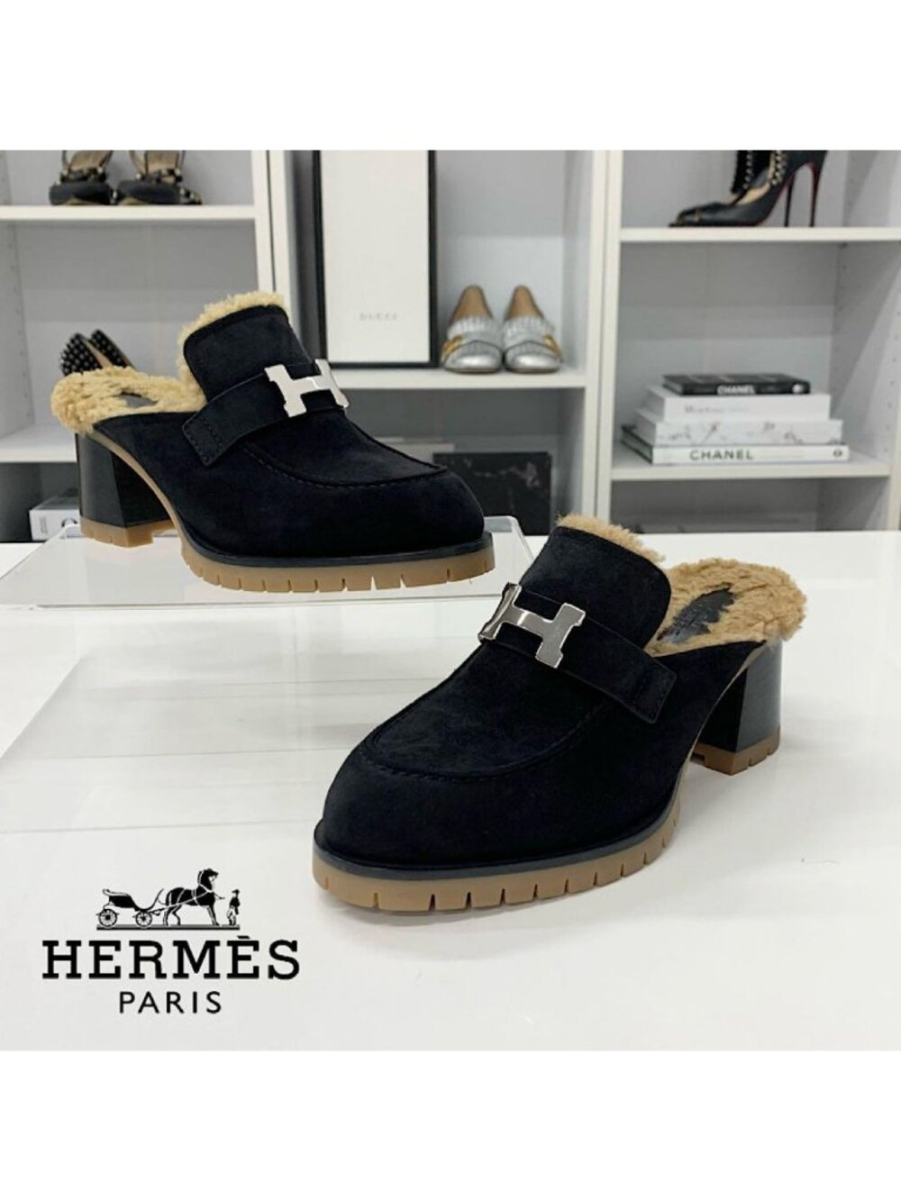 Hermes Flor 60 H Suede Shearling Constance Mules
